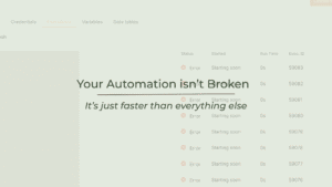 Automation system interface showing error messages and status updates.